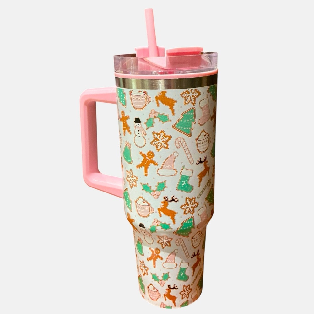 Christmas Holiday Tumbler 40 Oz Pink Handle Gingerbread Cookies NWT